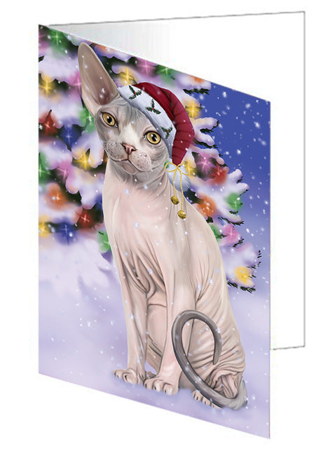Winterland Wonderland Sphynx Cat In Christmas Holiday Scenic Background Handmade Artwork Assorted Pets Greeting Cards and Note Cards with Envelopes for All Occasions and Holiday Seasons GCD65366