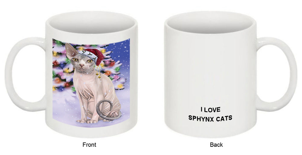 Winterland Wonderland Sphynx Cat In Christmas Holiday Scenic Background Coffee Mug MUG49177