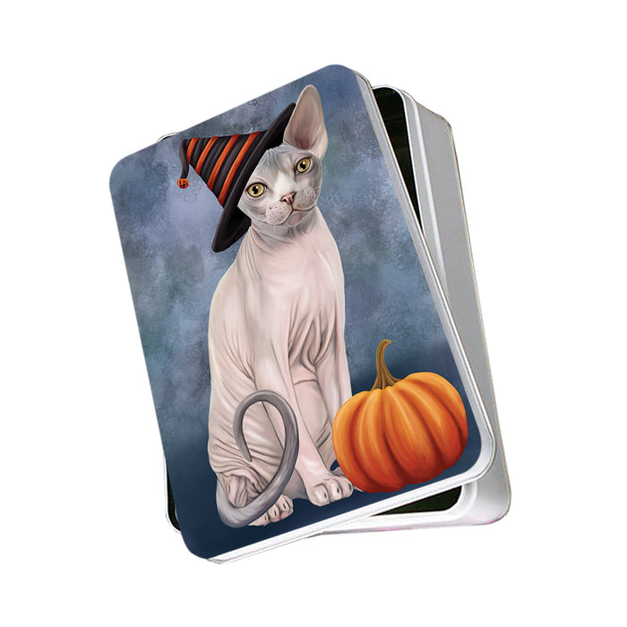Happy Halloween Sphynx Cat Wearing Witch Hat with Pumpkin Photo Storage Tin PITN54687