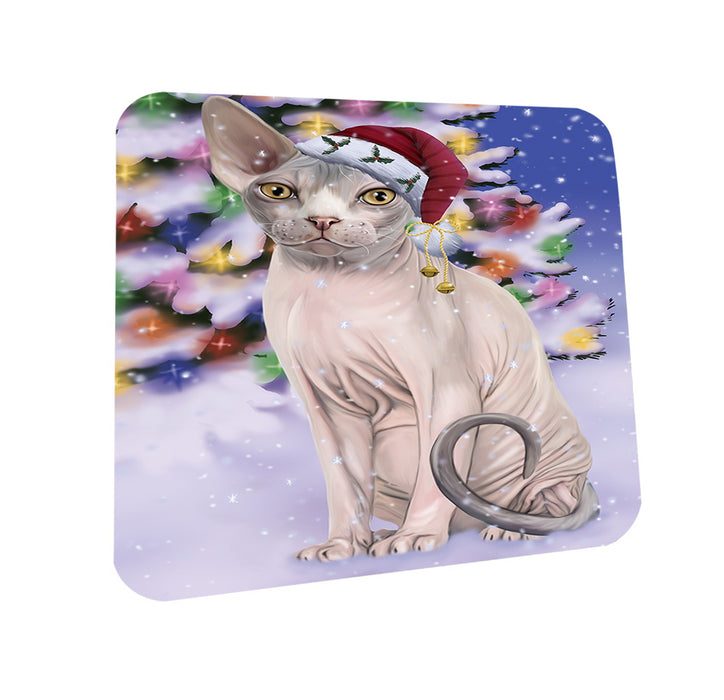 Winterland Wonderland Sphynx Cat In Christmas Holiday Scenic Background Coasters Set of 4 CST53737
