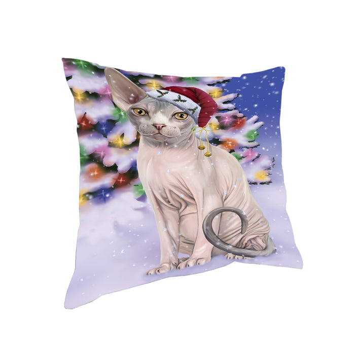 Winterland Wonderland Sphynx Cat In Christmas Holiday Scenic Background Pillow PIL71740