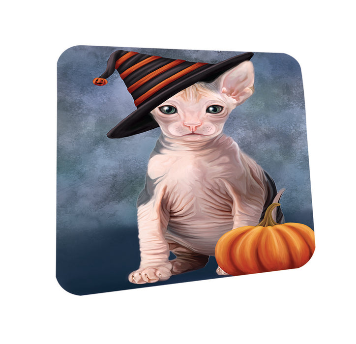 Happy Halloween Sphynx Cat Wearing Witch Hat with Pumpkin Coasters Set of 4 CST54772