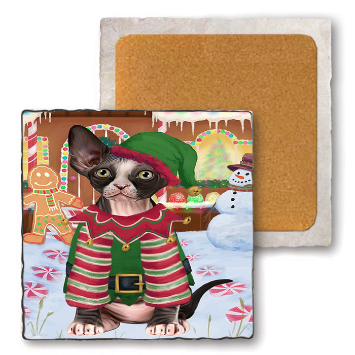 Christmas Gingerbread House Candyfest Sphynx Cat Set of 4 Natural Stone Marble Tile Coasters MCST51568