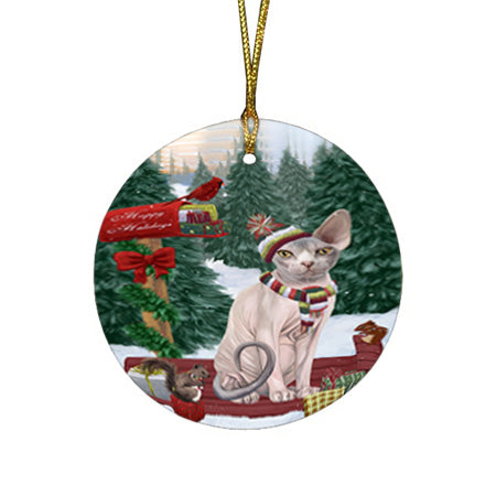 Merry Christmas Woodland Sled Sphynx Cat Round Flat Christmas Ornament RFPOR55404