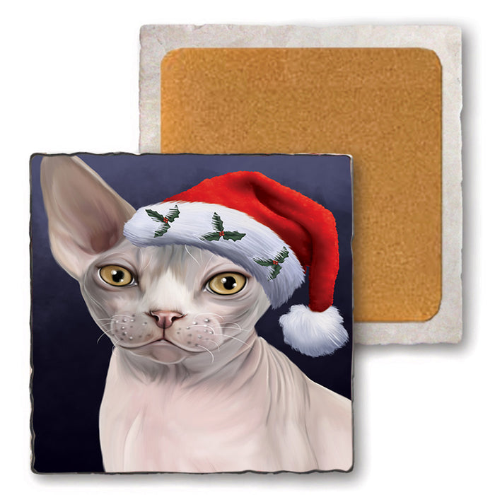 Christmas Holidays Sphynx Cat Wearing Santa Hat Portrait Head Set of 4 Natural Stone Marble Tile Coasters MCST48505