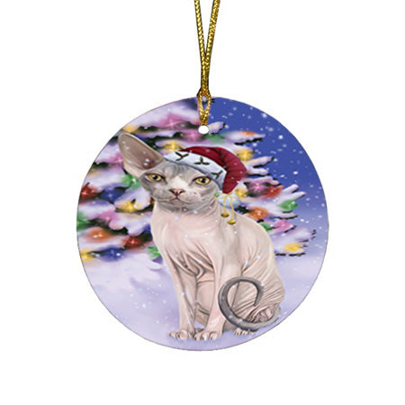 Winterland Wonderland Sphynx Cat In Christmas Holiday Scenic Background Round Flat Christmas Ornament RFPOR53770