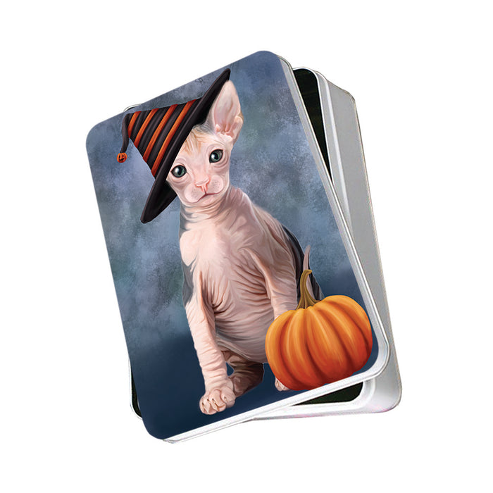 Happy Halloween Sphynx Cat Wearing Witch Hat with Pumpkin Photo Storage Tin PITN54757