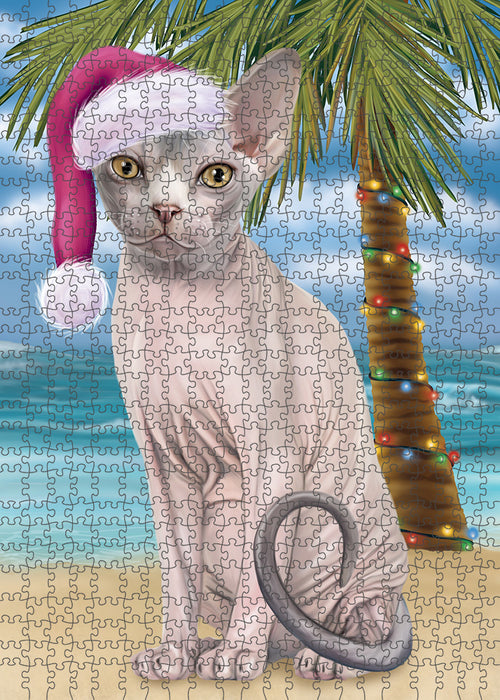Summertime Happy Holidays Christmas Sphynx Cat on Tropical Island Beach Puzzle with Photo Tin PUZL85480