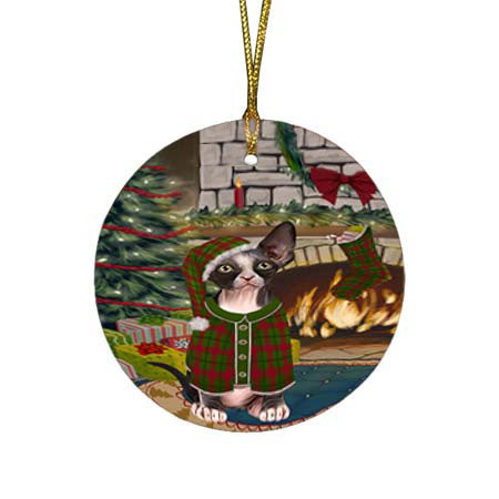 The Stocking was Hung Sphynx Cat Round Flat Christmas Ornament RFPOR55986