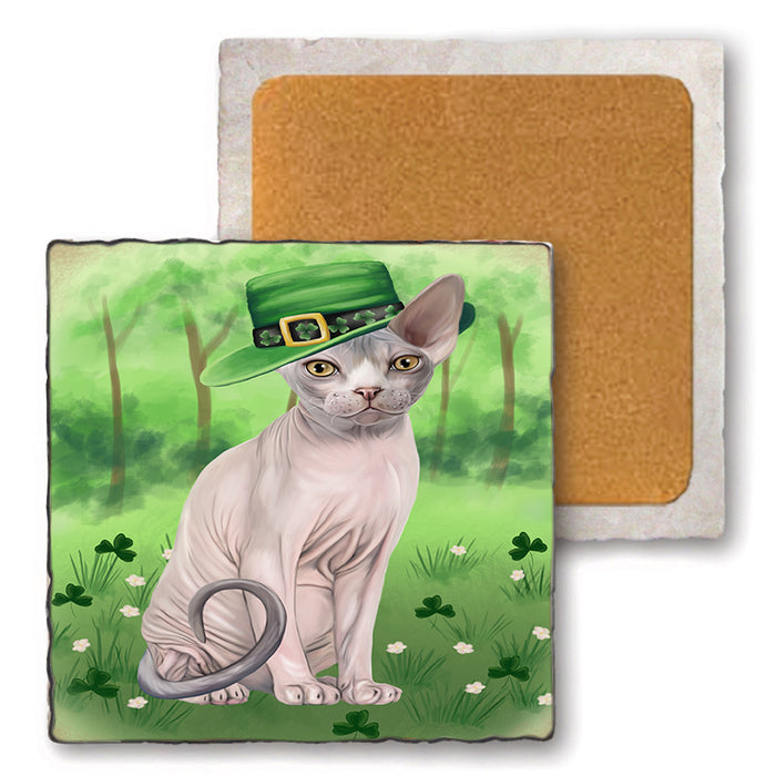 St. Patricks Day Irish Portrait Sphynx Cat Set of 4 Natural Stone Marble Tile Coasters MCST52046