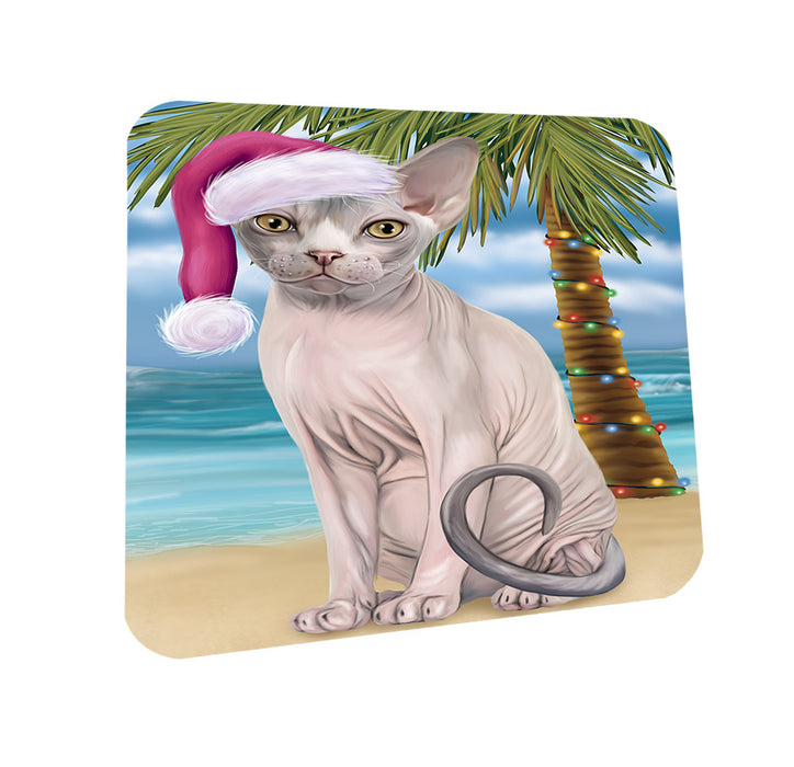 Summertime Happy Holidays Christmas Sphynx Cat on Tropical Island Beach Coasters Set of 4 CST54411