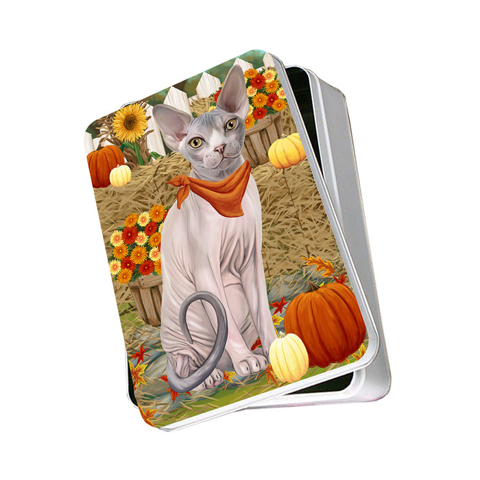 Fall Autumn Greeting Sphynx Cat with Pumpkins Photo Storage Tin PITN52346
