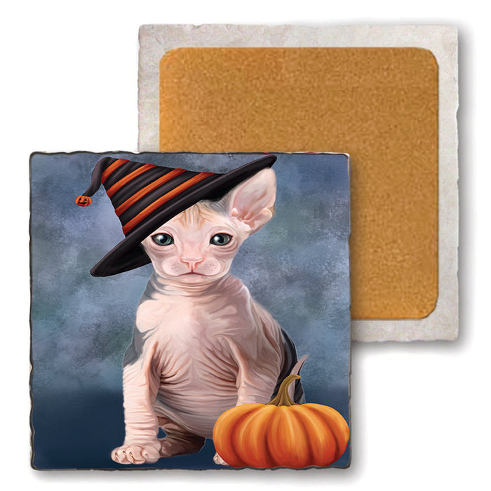 Happy Halloween Sphynx Cat Wearing Witch Hat with Pumpkin Set of 4 Natural Stone Marble Tile Coasters MCST49814