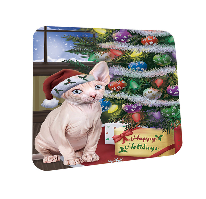 Christmas Happy Holidays Sphynx Cat with Tree and Presents Coasters Set of 4 CST53430
