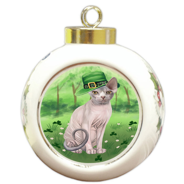 St. Patricks Day Irish Portrait Sphynx Cat Round Ball Christmas Ornament RBPOR58173
