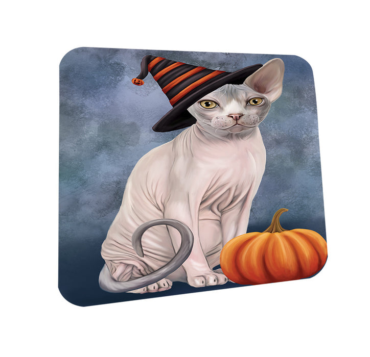Happy Halloween Sphynx Cat Wearing Witch Hat with Pumpkin Coasters Set of 4 CST54702