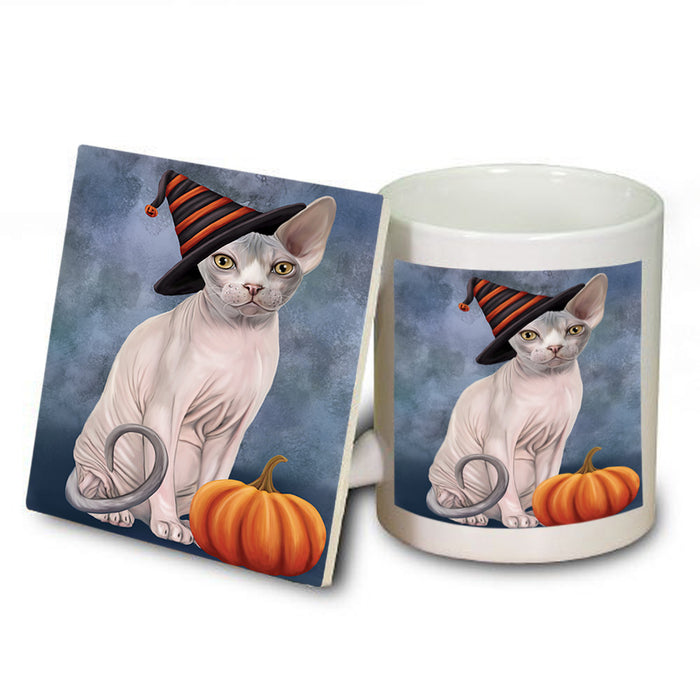 Happy Halloween Sphynx Cat Wearing Witch Hat with Pumpkin Mug and Coaster Set MUC54736
