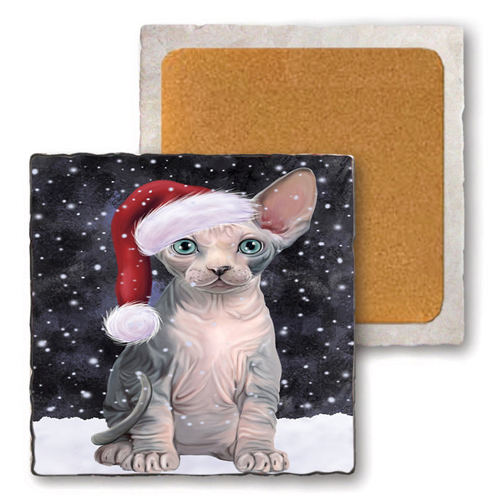 Let it Snow Christmas Holiday Sphynx Cat Wearing Santa Hat Set of 4 Natural Stone Marble Tile Coasters MCST49326