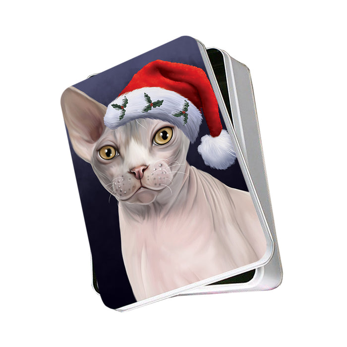 Christmas Holidays Sphynx Cat Wearing Santa Hat Portrait Head Photo Storage Tin PITN53505