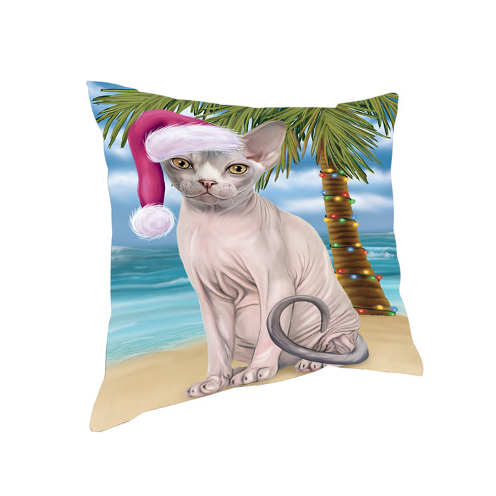 Summertime Happy Holidays Christmas Sphynx Cat on Tropical Island Beach Pillow PIL74948