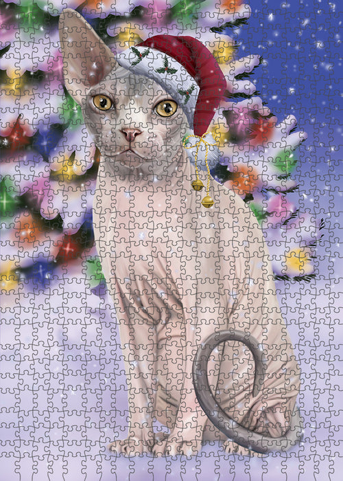 Winterland Wonderland Sphynx Cat In Christmas Holiday Scenic Background Puzzle with Photo Tin PUZL82272