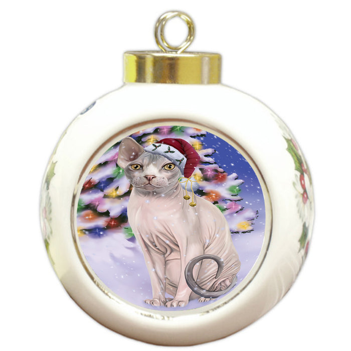 Winterland Wonderland Sphynx Cat In Christmas Holiday Scenic Background Round Ball Christmas Ornament RBPOR53779