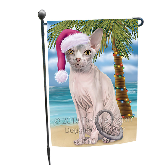 Summertime Happy Holidays Christmas Sphynx Cat on Tropical Island Beach Garden Flag GFLG54643