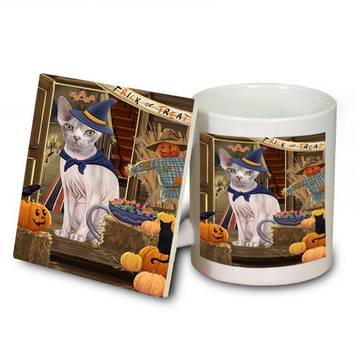 Enter at Own Risk Trick or Treat Halloween Sphynx Cat Mug and Coaster Set MUC53296