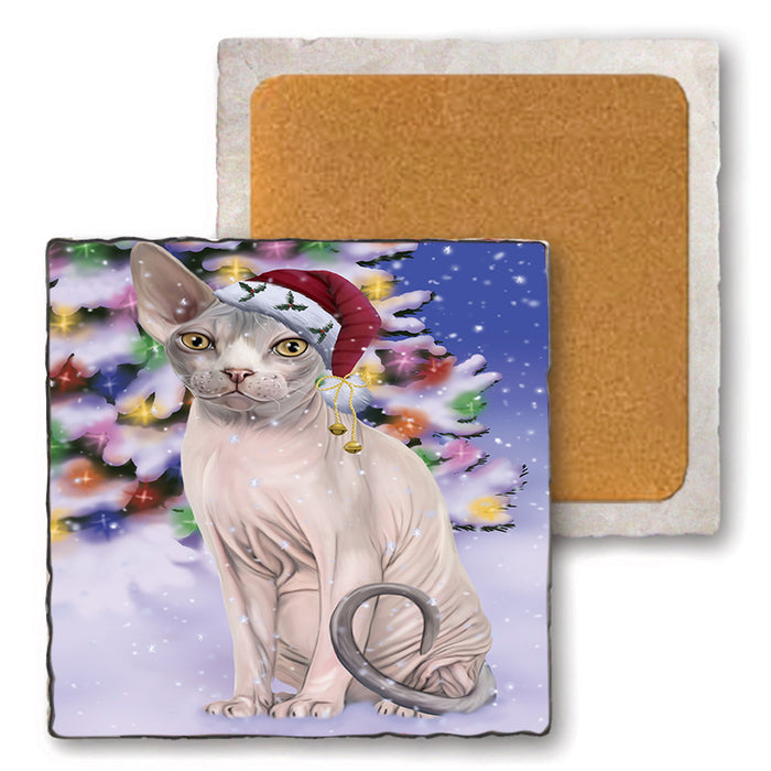 Winterland Wonderland Sphynx Cat In Christmas Holiday Scenic Background Set of 4 Natural Stone Marble Tile Coasters MCST48779