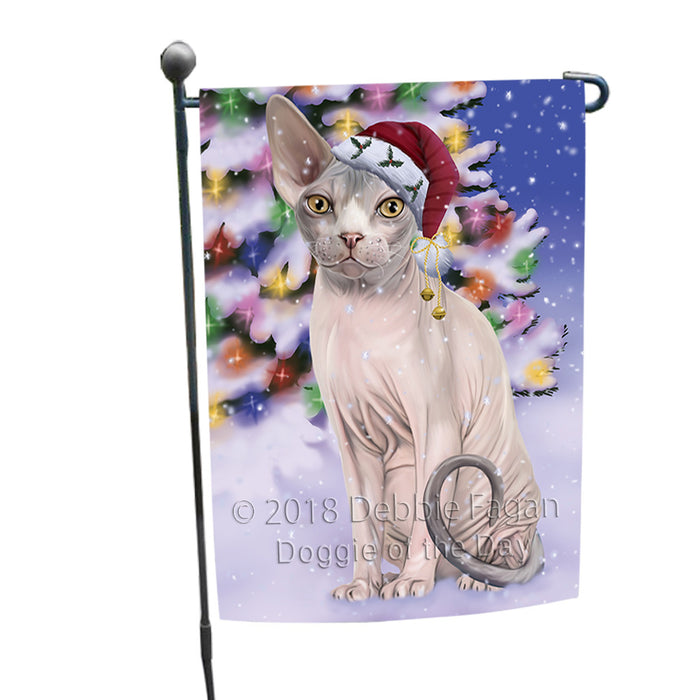 Winterland Wonderland Sphynx Cat In Christmas Holiday Scenic Background Garden Flag GFLG53841