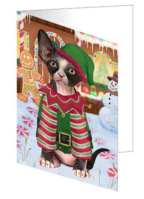 Christmas Gingerbread House Candyfest Sphynx Cat Handmade Artwork Assorted Pets Greeting Cards and Note Cards with Envelopes for All Occasions and Holiday Seasons GCD74219