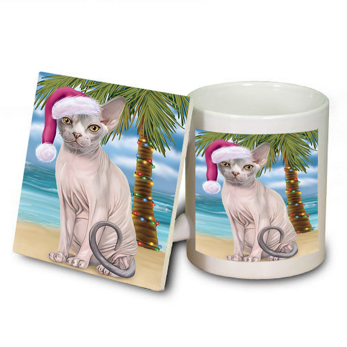 Summertime Happy Holidays Christmas Sphynx Cat on Tropical Island Beach Mug and Coaster Set MUC54445