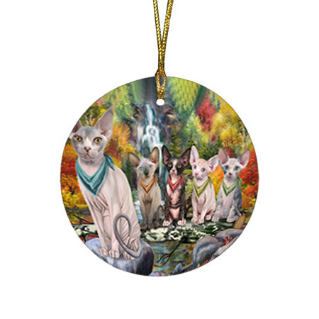 Scenic Waterfall Sphynx Cats Round Flat Christmas Ornament RFPOR51953