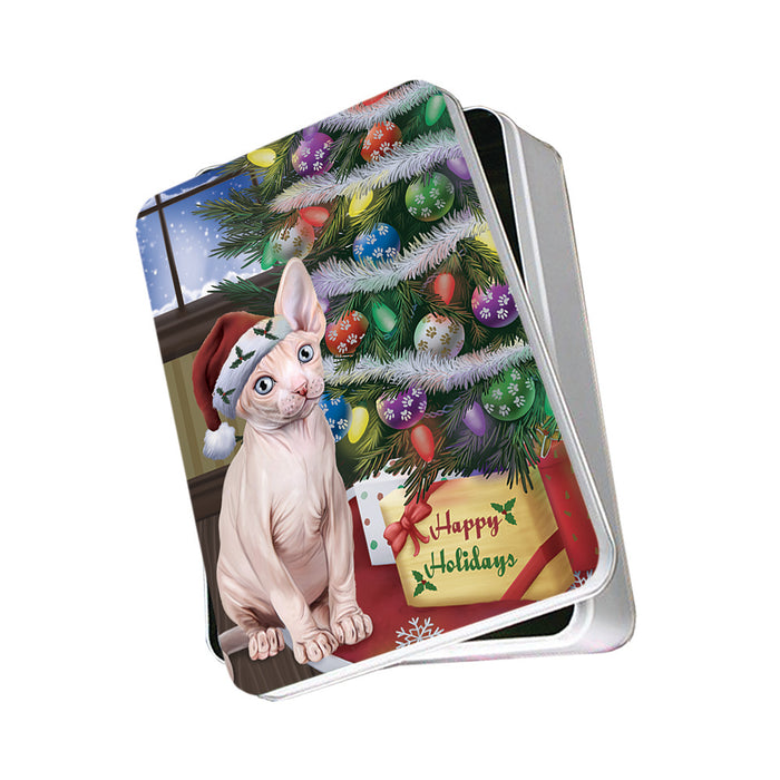 Christmas Happy Holidays Sphynx Cat with Tree and Presents Photo Storage Tin PITN53472