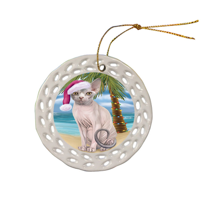 Summertime Happy Holidays Christmas Sphynx Cat on Tropical Island Beach Ceramic Doily Ornament DPOR54581