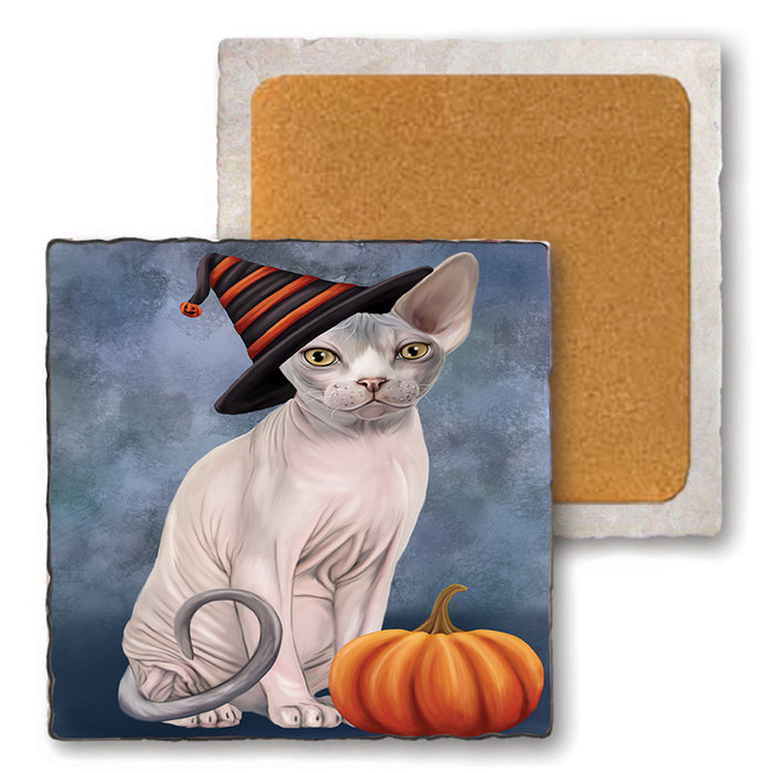 Happy Halloween Sphynx Cat Wearing Witch Hat with Pumpkin Set of 4 Natural Stone Marble Tile Coasters MCST49744