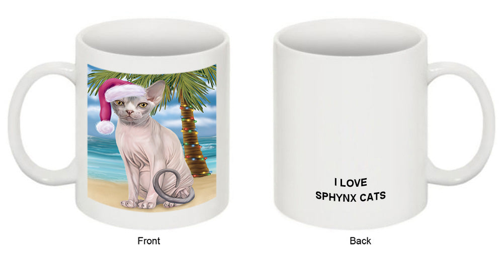 Summertime Happy Holidays Christmas Sphynx Cat on Tropical Island Beach Coffee Mug MUG49851