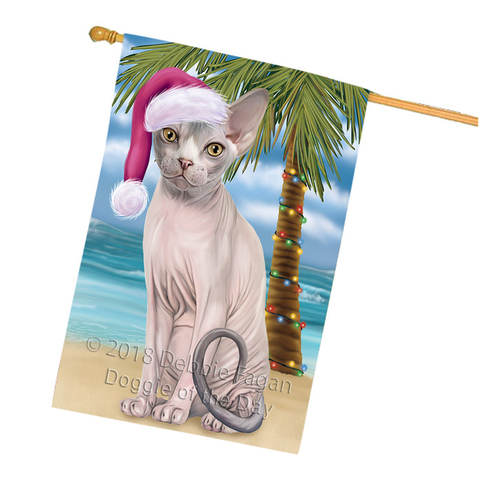 Summertime Happy Holidays Christmas Sphynx Cat on Tropical Island Beach House Flag FLG54779