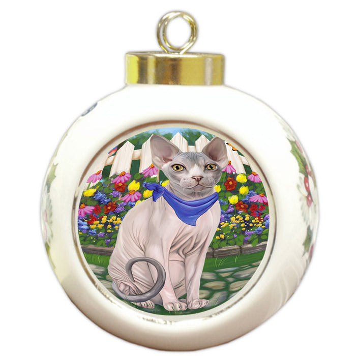 Spring Floral Sphynx Cat Round Ball Christmas Ornament RBPOR52275