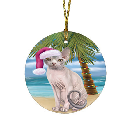 Summertime Happy Holidays Christmas Sphynx Cat on Tropical Island Beach Round Flat Christmas Ornament RFPOR54572