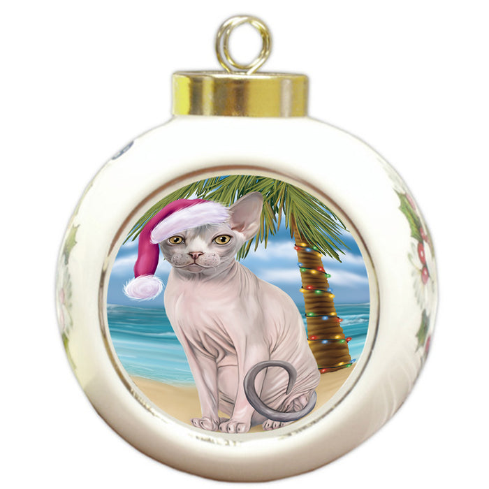 Summertime Happy Holidays Christmas Sphynx Cat on Tropical Island Beach Round Ball Christmas Ornament RBPOR54581
