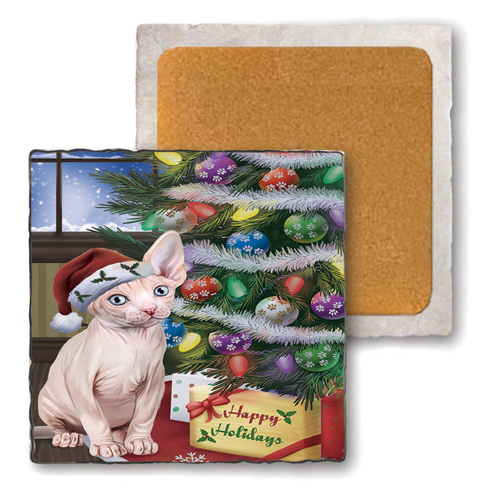 Christmas Happy Holidays Sphynx Cat with Tree and Presents Set of 4 Natural Stone Marble Tile Coasters MCST48472