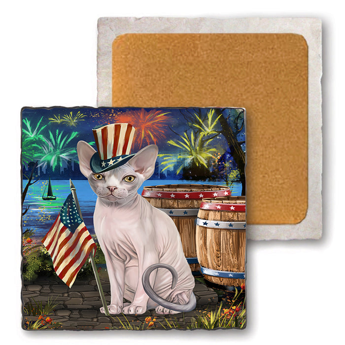 4th of July Independence Day Firework Sphynx Cat Set of 4 Natural Stone Marble Tile Coasters MCST49081