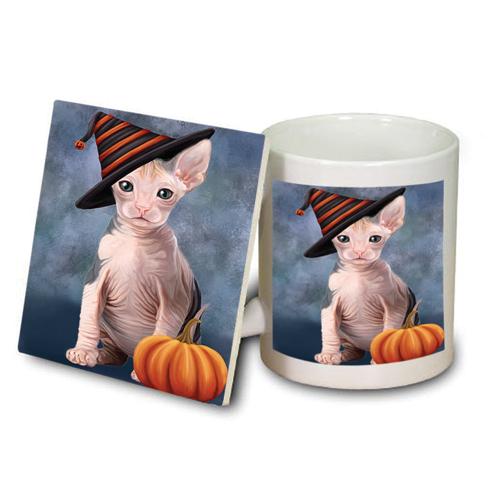 Happy Halloween Sphynx Cat Wearing Witch Hat with Pumpkin Mug and Coaster Set MUC54806