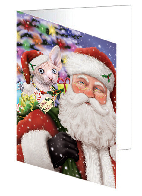 Santa Carrying Sphynx Cat and Christmas Presents Handmade Artwork Assorted Pets Greeting Cards and Note Cards with Envelopes for All Occasions and Holiday Seasons GCD65138