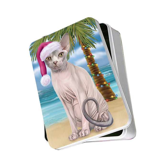 Summertime Happy Holidays Christmas Sphynx Cat on Tropical Island Beach Photo Storage Tin PITN54396