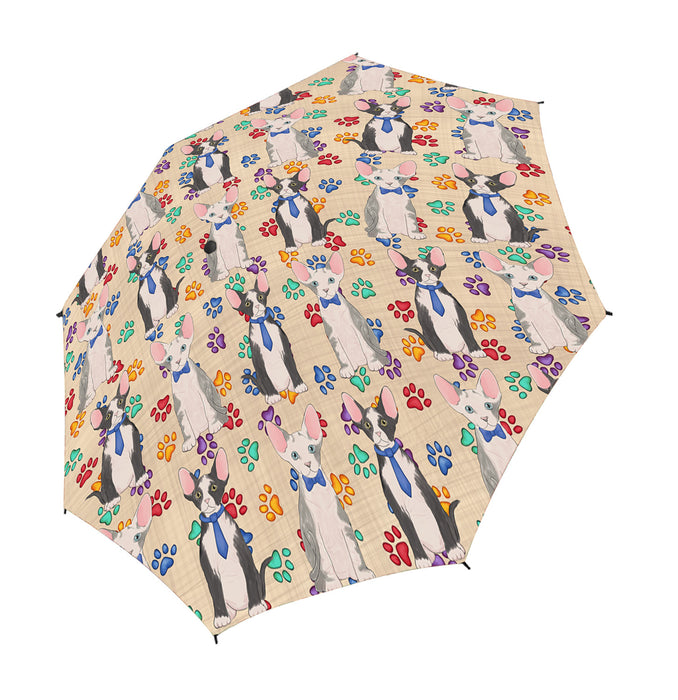 Rainbow Paw Print Sphynx Cats Blue Semi-Automatic Foldable Umbrella