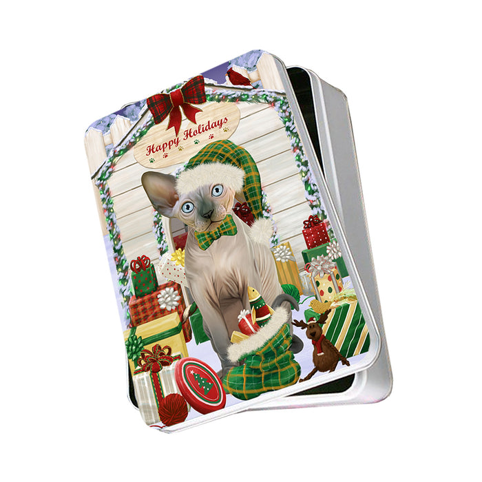 Happy Holidays Christmas Sphynx Cat With Presents Photo Storage Tin PITN52686
