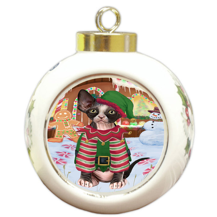 Christmas Gingerbread House Candyfest Sphynx Cat Round Ball Christmas Ornament RBPOR56924
