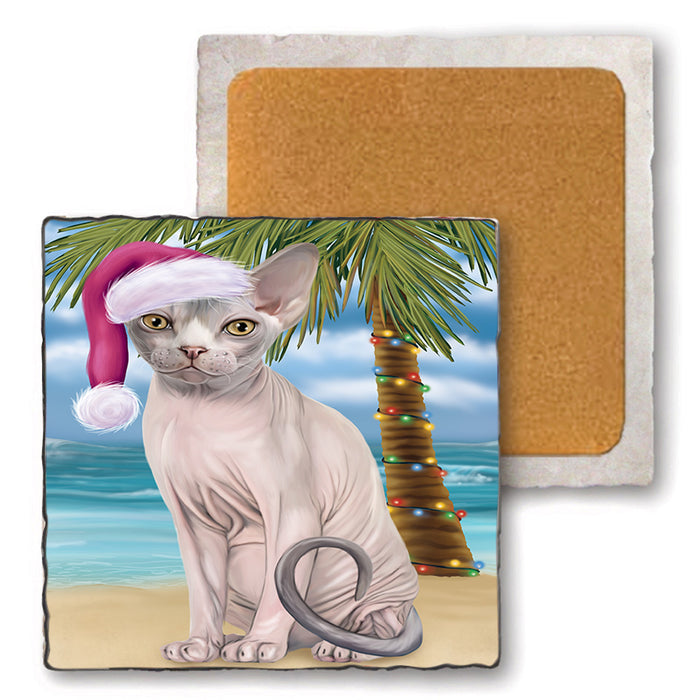 Summertime Happy Holidays Christmas Sphynx Cat on Tropical Island Beach Set of 4 Natural Stone Marble Tile Coasters MCST49453